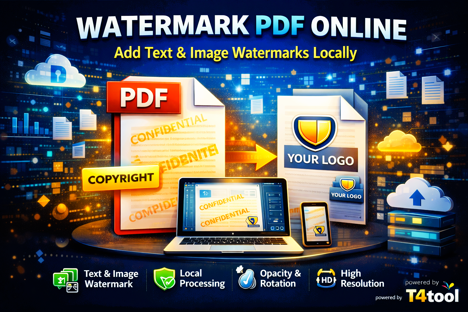 Interface of T4tool Watermark PDF showing text and image branding options.