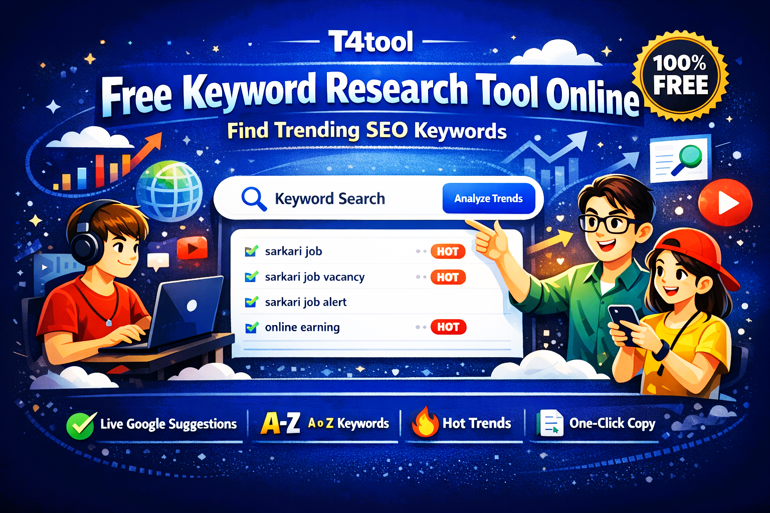 Free Keyword Research Tool Online by T4tool showing trending SEO keywords.