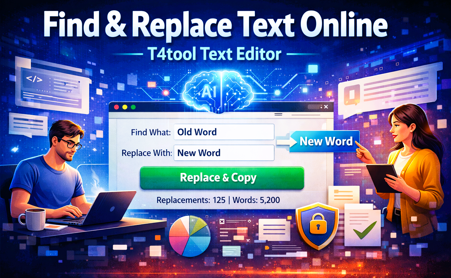 T4tool Online Find and Replace Text Tool Interface with Glassmorphism Design.