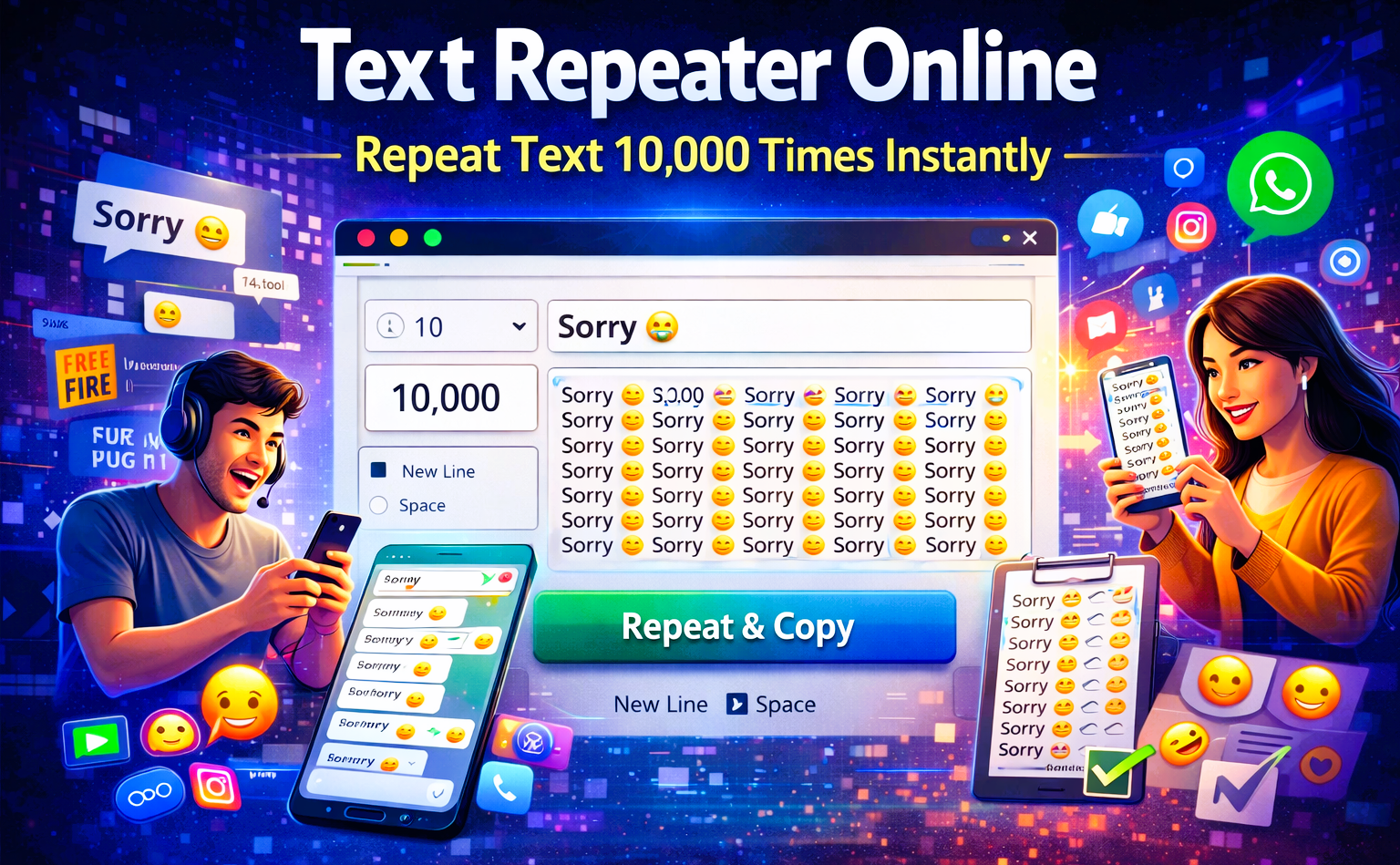 Instant Text Repeater Online Interface with Neon Blue Glassmorphism Design.