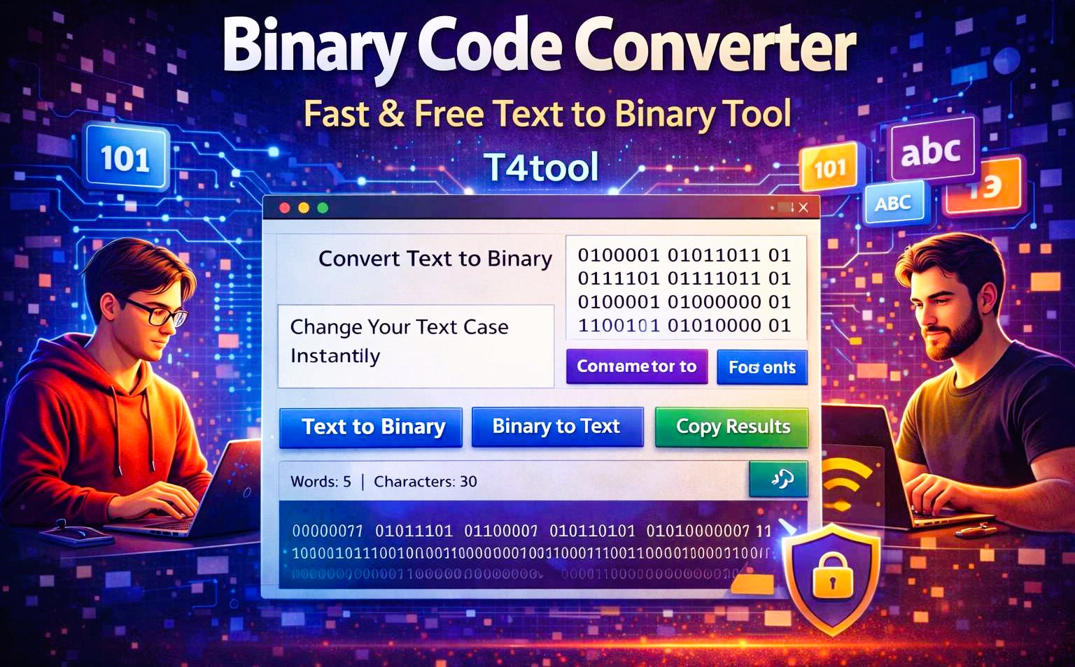 T4tool Binary Converter Tool Interface with Dark Blue Glassmorphism UI.